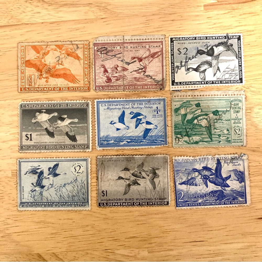 1940s-50s Lot of 9 Vintage US Migratory Bird Hunting Stamps $1 & $2 Stamps